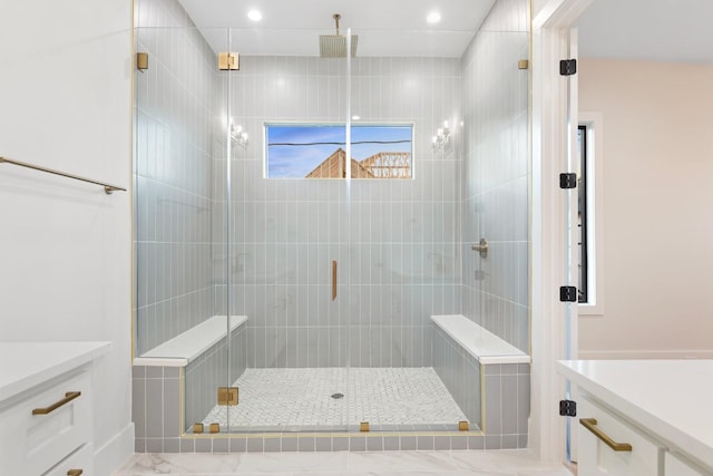 1526 Wakefield Dr, Houston, TX 77018 - bathroom with vanity, a stall shower, and recessed lighting