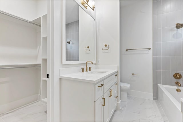 1526 Wakefield Dr, Houston, TX 77018 - full bath featuring marble finish floors, vanity,  shower combination, toilet, and baseboards
