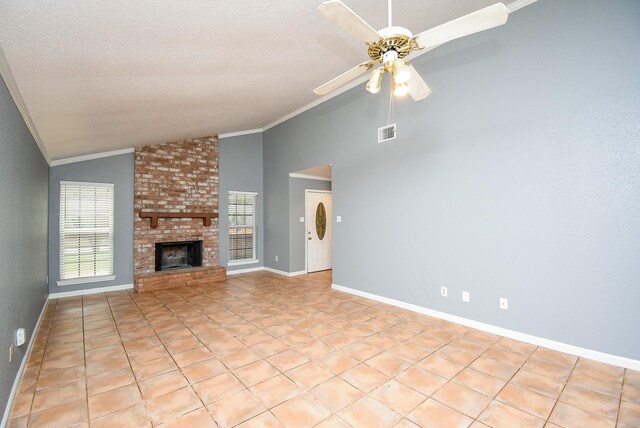 1102 Ashdale Dr, Sugar Land, TX 77498 - unfurnished living room featuring lofted ceiling, healthy amount of natural light, ceiling fan, ornamental molding, and baseboards