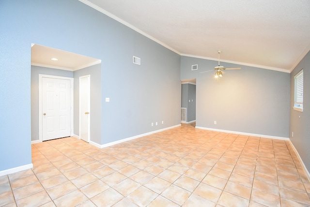 1102 Ashdale Dr, Sugar Land, TX 77498 - empty room featuring a ceiling fan, vaulted ceiling, crown molding, baseboards, and light tile patterned flooring
