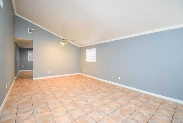1102 Ashdale Dr, Sugar Land, TX 77498 - empty room featuring vaulted ceiling, ceiling fan, crown molding, baseboards, and light tile patterned flooring