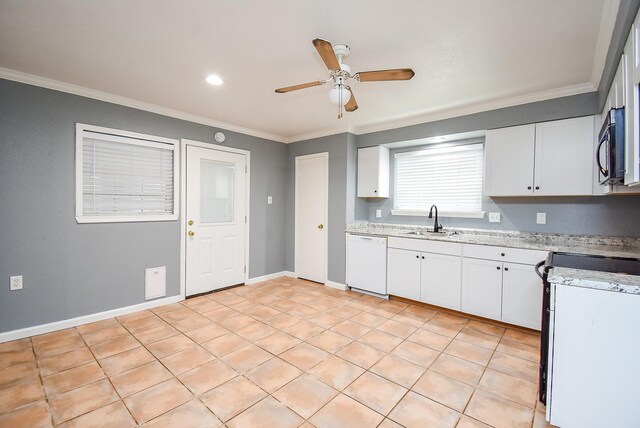 1102 Ashdale Dr, Sugar Land, TX 77498 - kitchen with white dishwasher, a sink, crown molding, white cabinetry, and ceiling fan