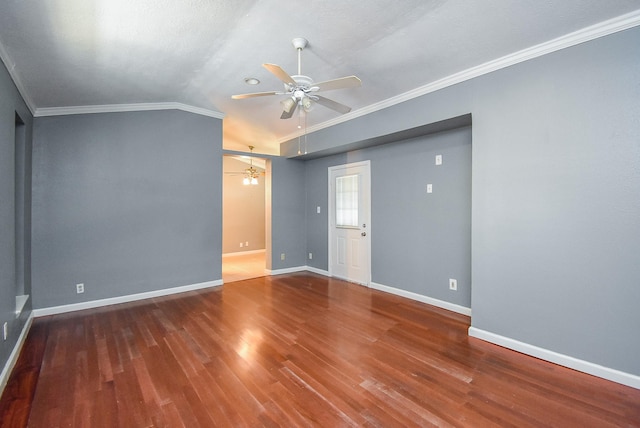 1102 Ashdale Dr, Sugar Land, TX 77498 - empty room featuring a ceiling fan, ornamental molding, wood finished floors, baseboards, and lofted ceiling