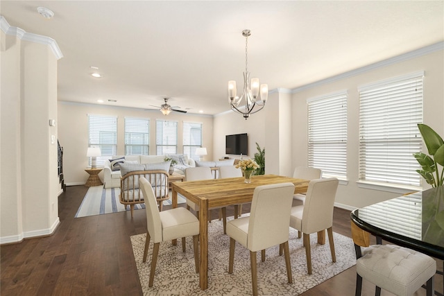 1511 Peyton Oaks Pl, Houston, TX 77043 - dining area featuring baseboards, a chandelier, ornamental molding, dark wood finished floors, and recessed lighting