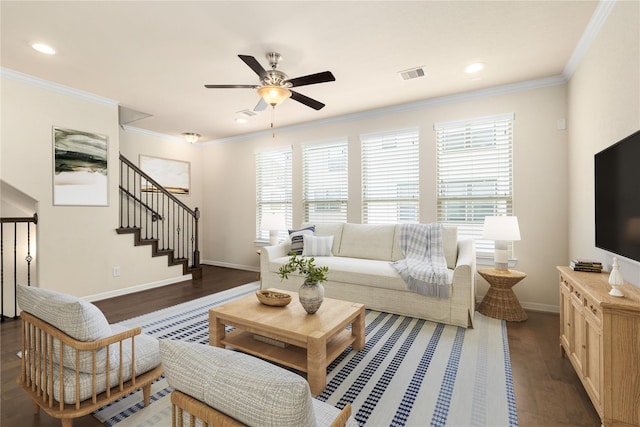 1511 Peyton Oaks Pl, Houston, TX 77043 - living room featuring plenty of natural light, dark wood finished floors, a ceiling fan, baseboards, and ornamental molding