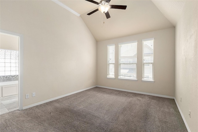 1511 Peyton Oaks Pl, Houston, TX 77043 - carpeted spare room featuring vaulted ceiling, ceiling fan, and baseboards