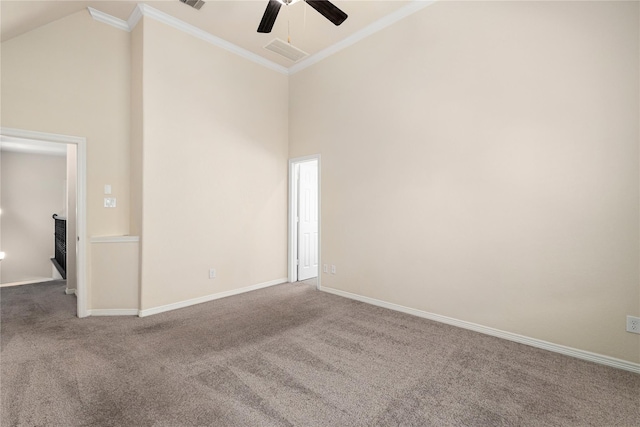 1511 Peyton Oaks Pl, Houston, TX 77043 - carpeted empty room featuring a ceiling fan, high vaulted ceiling, crown molding, and baseboards