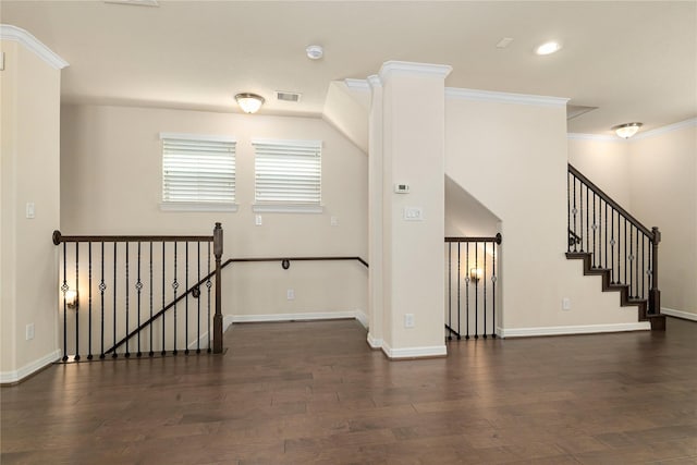 1511 Peyton Oaks Pl, Houston, TX 77043 - unfurnished room with dark wood finished floors, baseboards, ornamental molding, a smoke detector, and recessed lighting
