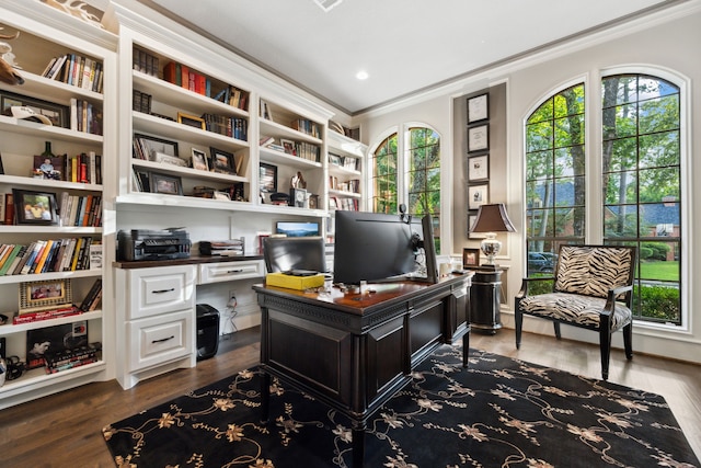 1714 Chestnut Grove Ln, Houston, TX 77345 - home office with crown molding, wood finished floors, and built in study area