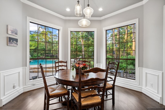 1714 Chestnut Grove Ln, Houston, TX 77345 - dining area featuring wainscoting, ornamental molding, dark wood-type flooring, a decorative wall, and recessed lighting