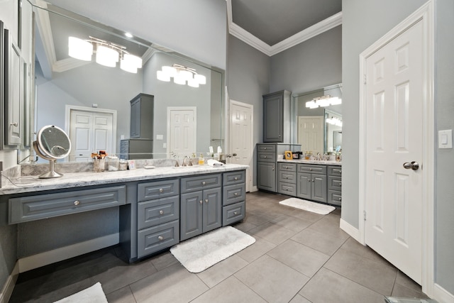 1714 Chestnut Grove Ln, Houston, TX 77345 - full bathroom featuring crown molding, vanity, tile patterned flooring, and a towering ceiling