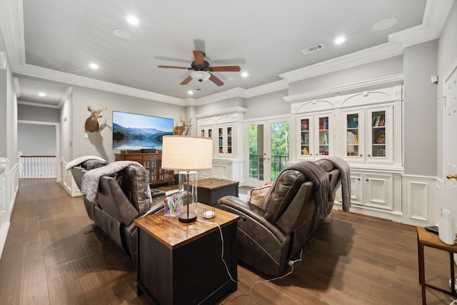 1714 Chestnut Grove Ln, Houston, TX 77345 - living area with ceiling fan, dark wood-style floors, recessed lighting, ornamental molding, and french doors