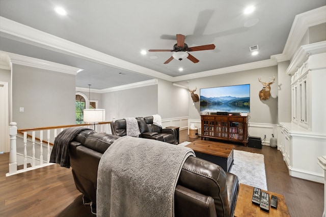 1714 Chestnut Grove Ln, Houston, TX 77345 - living room with ceiling fan, recessed lighting, wainscoting, dark wood-style flooring, and ornamental molding
