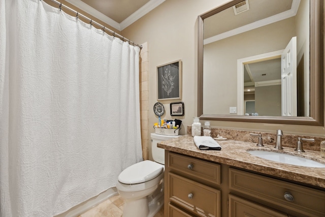 1714 Chestnut Grove Ln, Houston, TX 77345 - bathroom featuring toilet, vanity, crown molding, and a shower with curtain