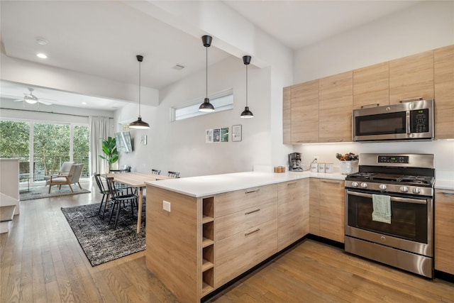 2809 St Emanuel St, Houston, TX 77004 - kitchen featuring stainless steel appliances, light brown cabinets, wood-type flooring, light countertops, and recessed lighting