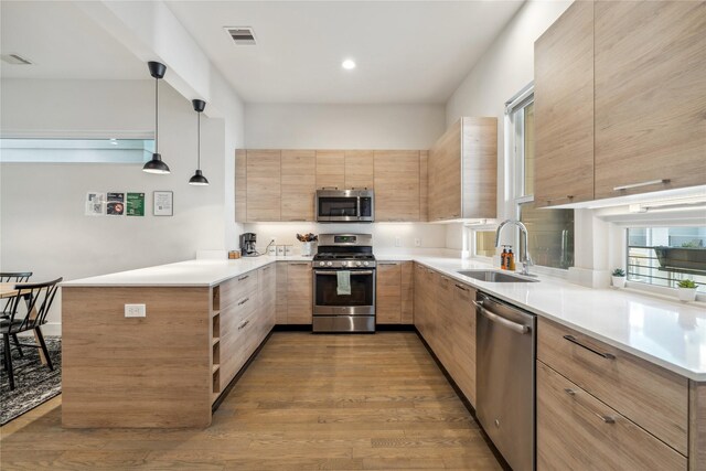 2809 St Emanuel St, Houston, TX 77004 - kitchen with stainless steel appliances, a sink, modern cabinets, a peninsula, and light brown cabinets