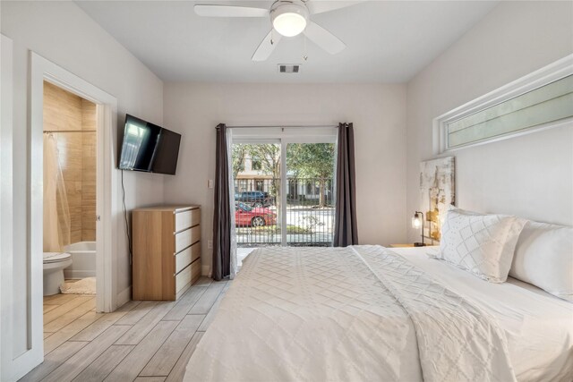 2809 St Emanuel St, Houston, TX 77004 - bedroom featuring wood finish floors, access to exterior, ensuite bath, and ceiling fan
