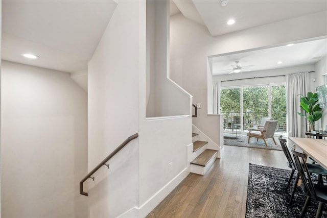 2809 St Emanuel St, Houston, TX 77004 - staircase with recessed lighting, ceiling fan, wood-type flooring, and baseboards
