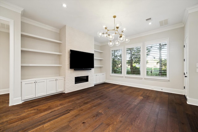 183 Timber Mill St, The Woodlands, TX 77380 - unfurnished living room with dark wood finished floors, a chandelier, baseboards, ornamental molding, and recessed lighting