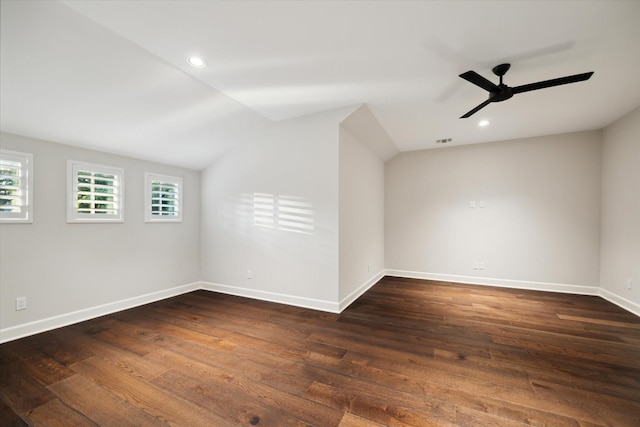 183 Timber Mill St, The Woodlands, TX 77380 - unfurnished room featuring a ceiling fan, dark wood-type flooring, lofted ceiling, baseboards, and recessed lighting
