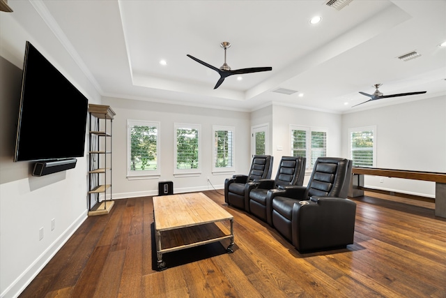 183 Timber Mill St, The Woodlands, TX 77380 - living room featuring ceiling fan, a tray ceiling, dark wood-style flooring, recessed lighting, and baseboards