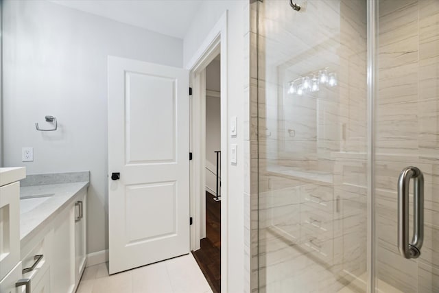 183 Timber Mill St, The Woodlands, TX 77380 - bathroom with vanity, a stall shower, and tile patterned floors
