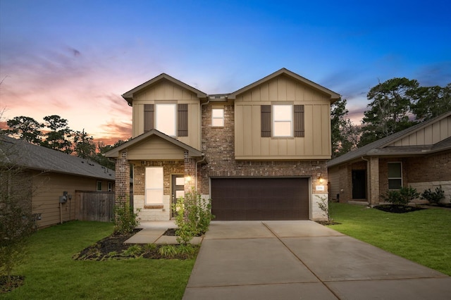 7051 Silverleaf Oak St, Conroe, TX 77304 - view of front facade featuring board and batten siding, brick siding, driveway, and a garage