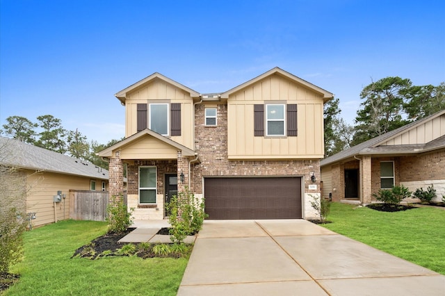 7051 Silverleaf Oak St, Conroe, TX 77304 - view of front of property with board and batten siding, brick siding, a garage, and driveway