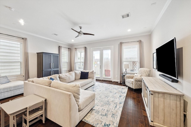 3715 Oakroc Grv, Houston, TX 77018 - living room with dark wood-style flooring, a ceiling fan, recessed lighting, and crown molding