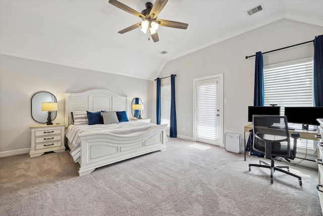 3715 Oakroc Grv, Houston, TX 77018 - bedroom with lofted ceiling, light colored carpet, baseboards, a desk, and a ceiling fan