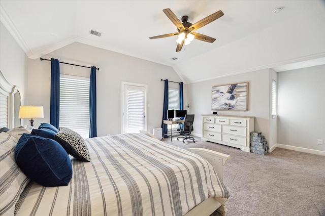 3715 Oakroc Grv, Houston, TX 77018 - carpeted bedroom featuring vaulted ceiling, baseboards, and ceiling fan