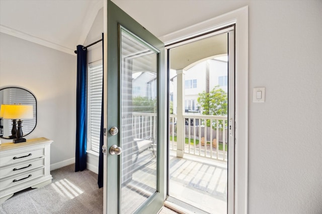 3715 Oakroc Grv, Houston, TX 77018 - entryway with healthy amount of natural light, carpet flooring, baseboards, ornamental molding, and vaulted ceiling