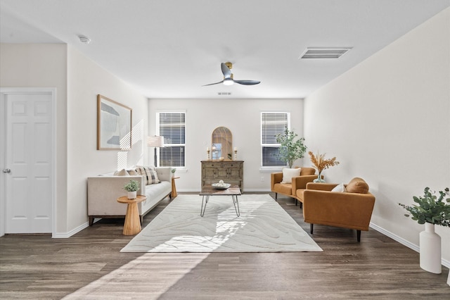 17810 Planted Orchard Dr, Hockley, TX 77447 - living area featuring wood finished floors, ceiling fan, plenty of natural light, and baseboards