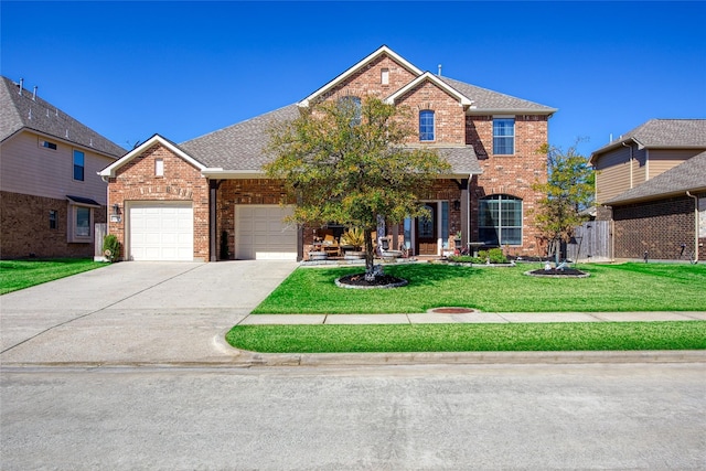 22734 Newcourt Place St, Tomball, TX 77375 - traditional-style house with brick siding, driveway, an attached garage, and a shingled roof