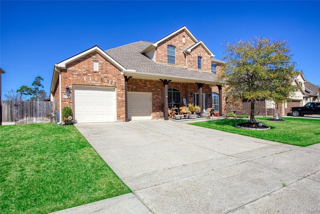 22734 Newcourt Place St, Tomball, TX 77375 - traditional home with a garage, a porch, driveway, brick siding, and roof with shingles