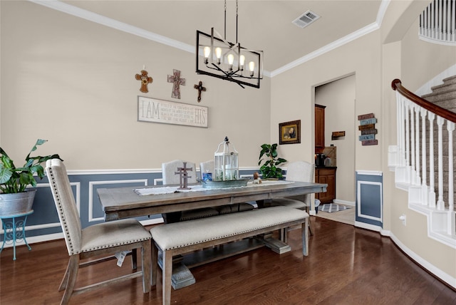 22734 Newcourt Place St, Tomball, TX 77375 - dining space featuring stairs, wood finished floors, a chandelier, crown molding, and baseboards