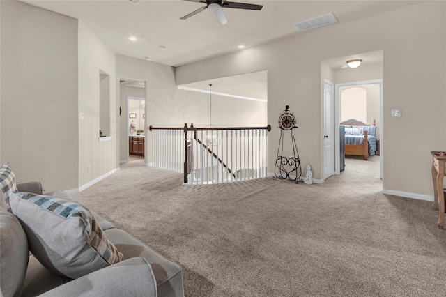 22734 Newcourt Place St, Tomball, TX 77375 - living room featuring a ceiling fan, carpet flooring, baseboards, and recessed lighting