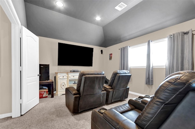 22734 Newcourt Place St, Tomball, TX 77375 - cinema with light carpet, lofted ceiling, recessed lighting, and baseboards