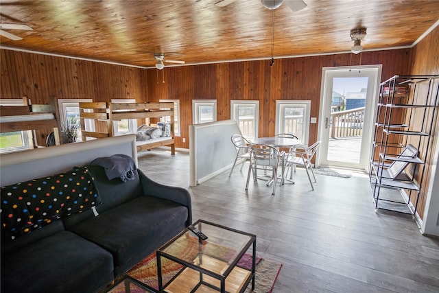 927 W Verdie Dr, Crystal Beach, TX 77650 - living area with ceiling fan, wood walls, wooden ceiling, and wood finished floors