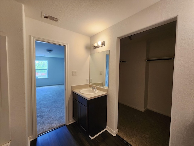 207 Branch Cir, Kendleton, TX 77451 - bathroom featuring vanity, wood finished floors, a textured ceiling, and baseboards