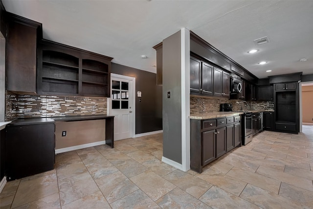 15509 Lakeview Dr, Jersey Village, TX 77040 - kitchen featuring stainless steel appliances, tasteful backsplash, baseboards, open shelves, and dark brown cabinets
