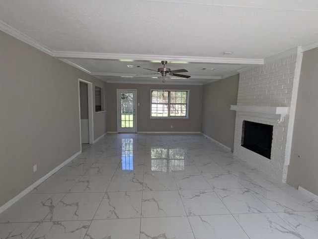 706 Redleaf Ln, Houston, TX 77090 - unfurnished living room with crown molding, baseboards, a ceiling fan, marble look tiles, and a brick fireplace