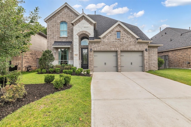 126 Capriccio Ln, Montgomery, TX 77316 - french country style house with brick siding, an attached garage, driveway, a front lawn, and a shingled roof