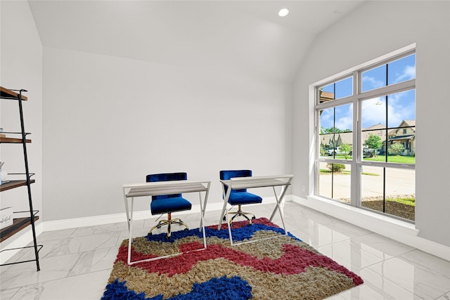 19236 Yellow Chestnut Ln, New Caney, TX 77357 - office area with marble finish floors, baseboards, recessed lighting, and vaulted ceiling