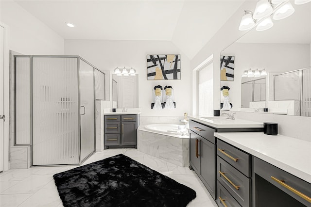19236 Yellow Chestnut Ln, New Caney, TX 77357 - bathroom featuring marble look tile flooring, a stall shower, a bath, and vanity