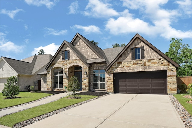 19236 Yellow Chestnut Ln, New Caney, TX 77357 - french provincial home with stone siding, concrete driveway, an attached garage, a front yard, and brick siding