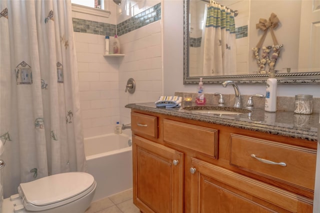 22113 Matagorda Dr, Galveston, TX 77554 - bathroom featuring vanity, shower / bath combination with curtain, toilet, and tile patterned floors