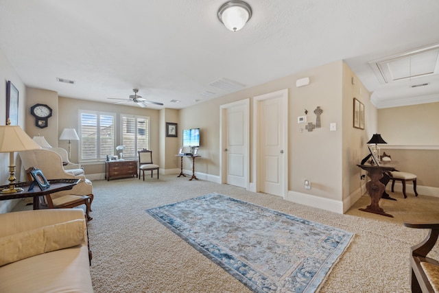 14418 Brushy Arbor Ln, Humble, TX 77396 - carpeted living room featuring attic access, ceiling fan, and baseboards