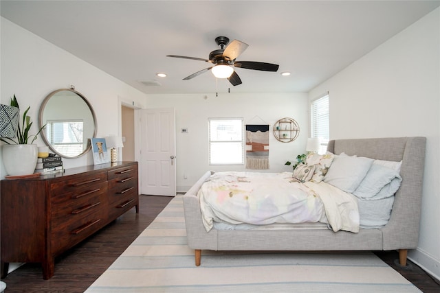 2116 Carter St, Houston, TX 77008 - bedroom with dark wood-style floors, recessed lighting, baseboards, and a ceiling fan