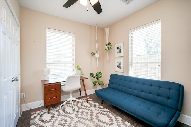 2116 Carter St, Houston, TX 77008 - office with a ceiling fan, baseboards, and dark wood-style floors